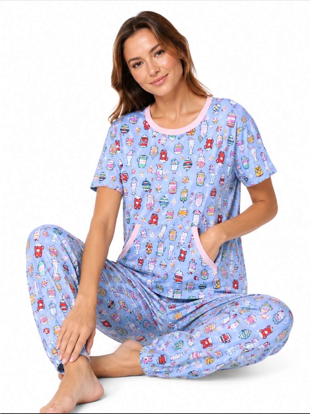 NWT 3 Piece Pajama Set M (8-10) Drink  Print PJ With Cosmetic Bag